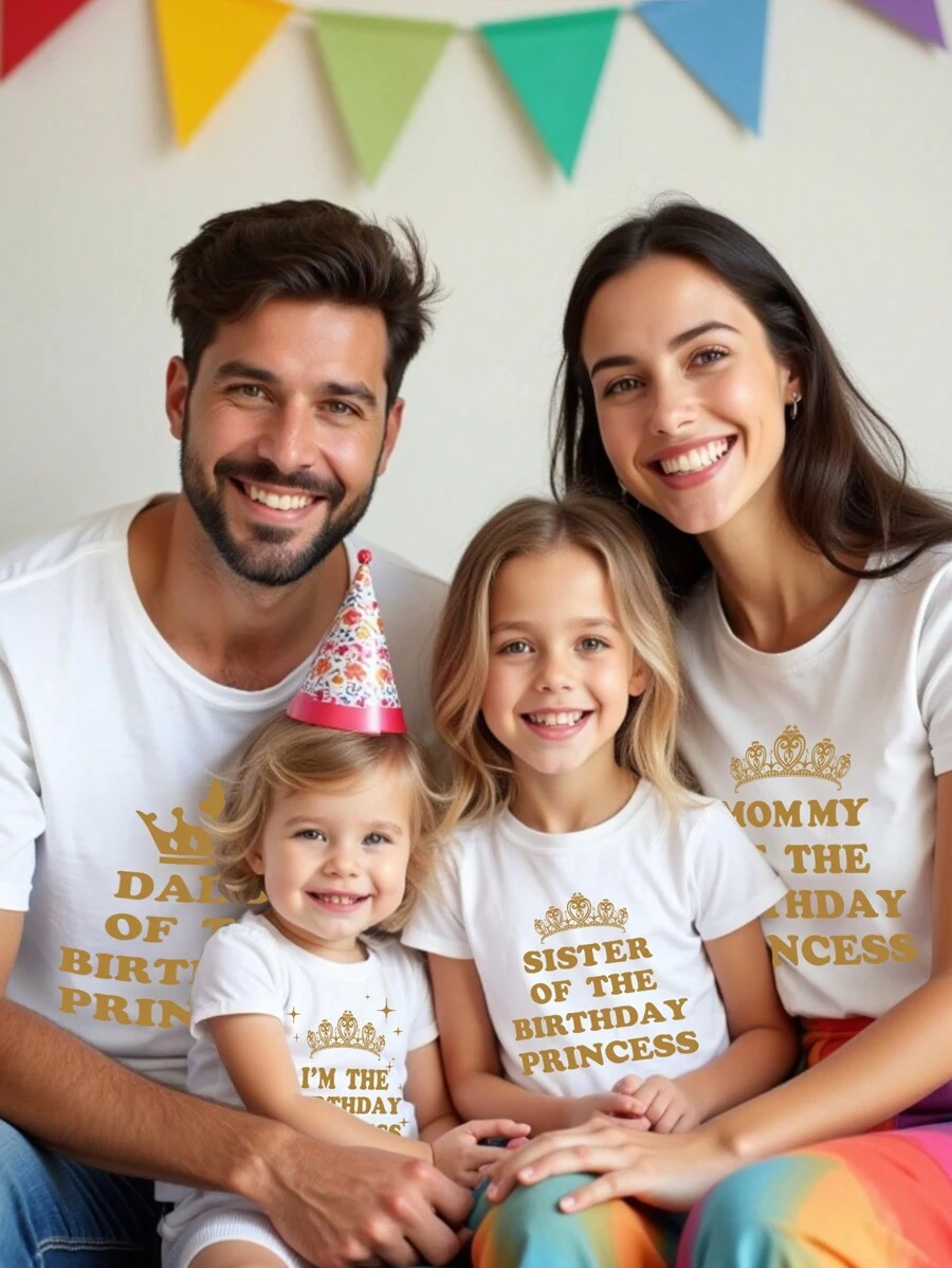 女婴可爱皇冠、星星、字母标语印花短袖连体衣，亲子装（4 件单独出售） - 白色 - 查看 1