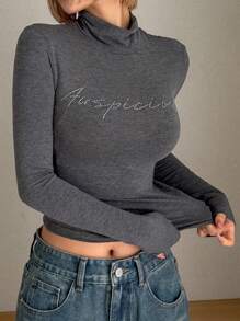 DAZY Women's High Neck Long Sleeve Studded T-Shirt,Fall Clothes - Grey - View 6