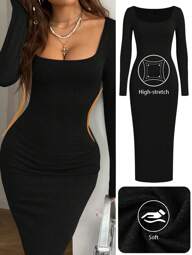 SHEIN EZwear Vestido básico de punto gris de manga larga con cuello cuadrado ajustado para mujer, otoño/invierno