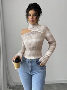 Elenzga Asymmetrical Shoulder Ombre Cinched Waist Sweater For Women Knit Pullover Fall Winter - Brown - View 6