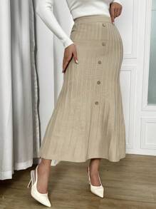 Calvaya Khaki Knee-Length Button Decor Sweater Skirt