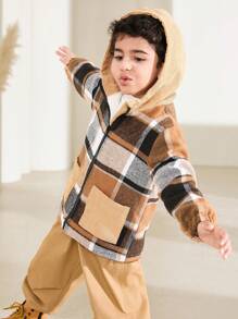 SHEIN Young Boy Plaid Print Hooded Zip-Up Pockets Casual Long Sleeve Jacket - Khaki - View 3