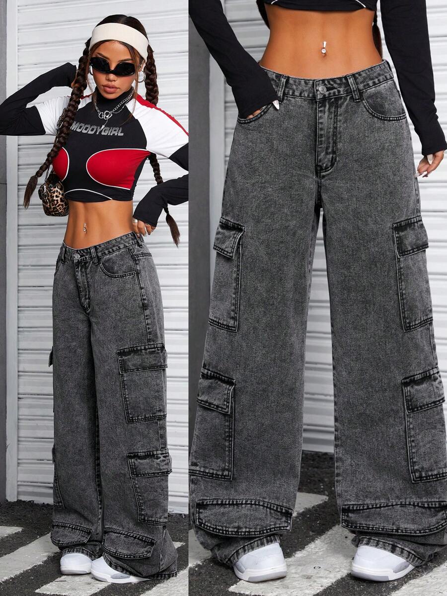 SHEIN ICON 女士实用口袋洗水牛仔阔腿裤 - 灰色 - 查看 1