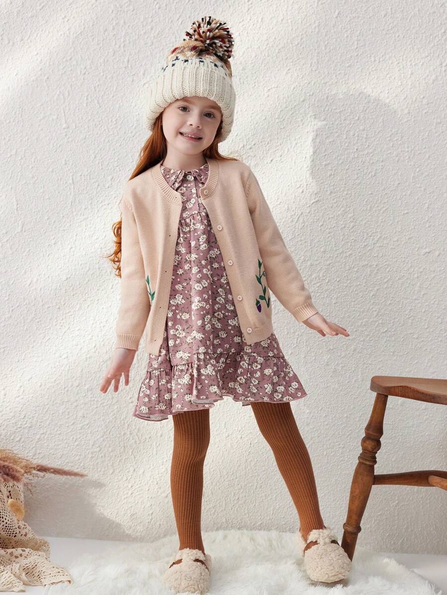 Blossori Young Girls Plant Printed Long Sleeve Single-Breasted Loose Casual Cardigan, Autumn/Winter - Pink - View 1