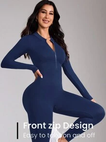 Easithlete 无缝高弹柔软瑜伽运动露背 V 型背连体裤 - 藏蓝色 - 查看 3