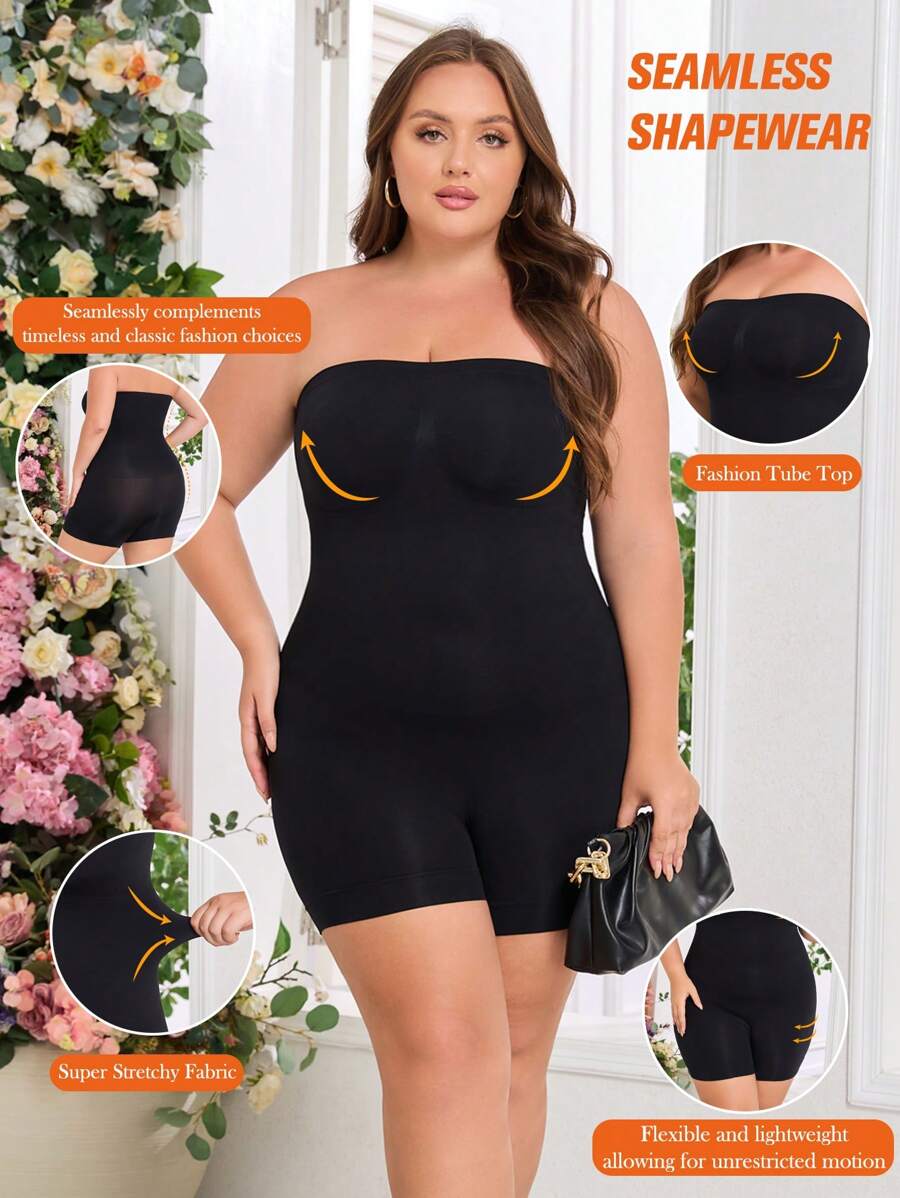 Plus Size Women Seamless Bodysuit With Waist Cincher & Butt Lifting, One Piece Shapewear - Black - View 1