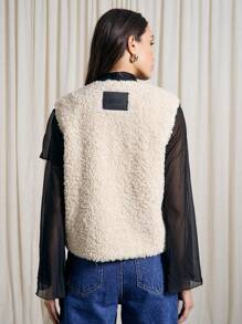 AiiRZ Winter Sherpa Teddy Bear Vest Sleeveless Outerwear With Bow Front Design Cozy Layering Piece Fall Fashion Plush Fluffy Gilet - Apricot - View 2