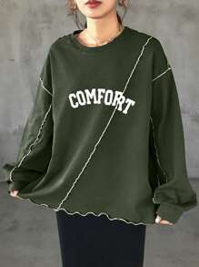 FRIFUL 女士撞色宽松印花T恤，秋季长袖女式上衣图案T恤 - 軍綠色 - 查看 3