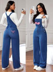 SHEIN EZwear Quần yếm denim vá chữ giặt thường ngày cho nữ/Quần yếm - Màu xanh lam - Xem 1