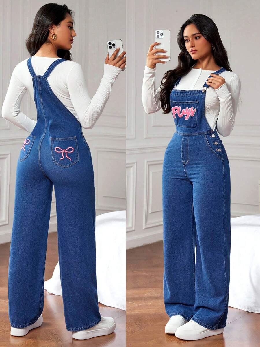 SHEIN EZwear Quần yếm denim vá chữ giặt thường ngày cho nữ/Quần yếm - Màu xanh lam - Xem 1