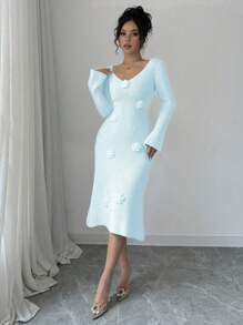 Chiquease 手工钩编花卉 V 领修身优雅长袖针织毛衣连衣裙 - 藍色 - 查看 6