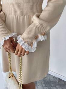 SHEIN Clasi Apricot Floral Embroidery Round Neck Long Sleeve Dress Fall Cloth For Women