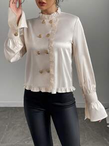 SHEIN Unity Solid Color Elegant Commuter Long Sleeve Shirt With Double-Breasted Frill Trim Fall Cloth For Women - Champagne - View 4