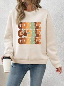 SHEIN EZwear 创意卡通火鸡字母印花休闲圆领卫衣 - 杏色 - 查看 1