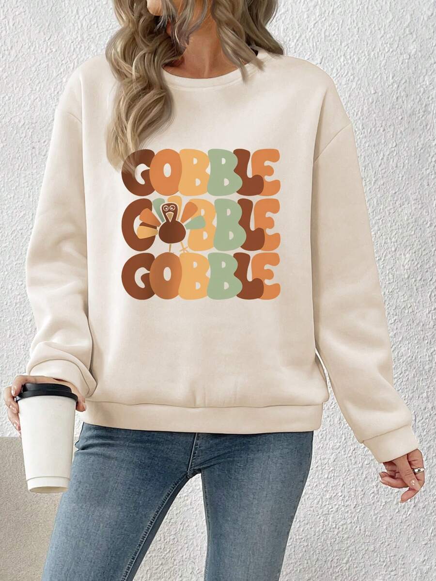 SHEIN EZwear 创意卡通火鸡字母印花休闲圆领卫衣 - 杏色 - 查看 1