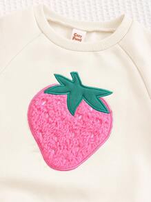 Cozy Pixies 女婴草莓图案圆领长袖插肩休闲简约毛绒刺绣套头衫，温暖舒适，保暖内衬，百搭运动休闲百搭上衣，杏色 - 杏色 - 查看 7