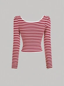SHEIN MOD Women's Contrast Bow Front Striped T-Shirt, Autumn T-Shirt, T-Shirt, Cute T-Shirt, Casual T-Shirt