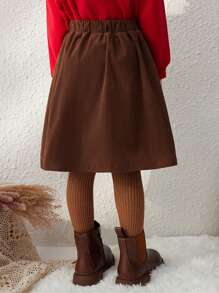 Blossori Young Girls' Elegant Dark Coffee Corduroy A-Line Elastic Waist Midi Skirt, Autumn/Winter Girls Brown Skirtbrown Skirt Kidsbrown Skirt For Kidsskirt Brownwinter Skirt - Brown - View 2