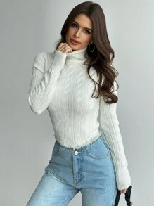 Firerie Women's Elegant Casual Collegiate Style Vintage White Turtle Neck Cable Knit Ribbed Fitted Sweater, Autumn/Winter New Arrival