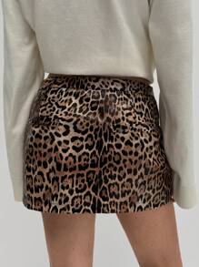 Aloruh 秋季时尚豹纹 PU 皮革低腰迷你裙 - 彩色 - 查看 2