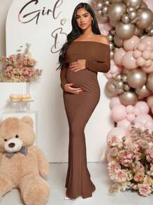 Loomaby Pregnant Women Off-Shoulder Fishtail Baby Shower Dress For Maternity - Brown - View 3