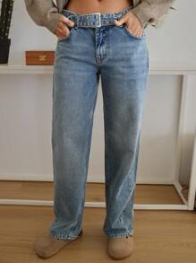 RueChic WOMEN STRAIGHT LOW WAIST BELTED DETAIL JEANS - Medium Wash - View 4