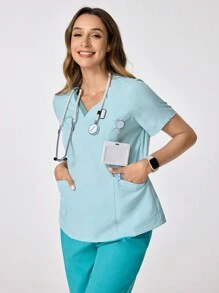 SHEIN TaskFit Contrast V-Neck Patchwork Pocket Short Sleeve Scrub Uniform Top - Mint Green - View 1