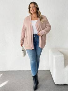 SHEIN CURVE+ Plus Solid Dual Pocket Cardigan For Spring & Autumn