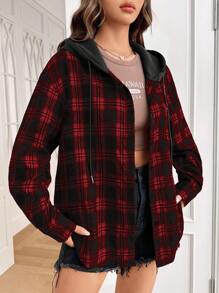 SHEIN EZwear Red Plaid Woven Hooded Shirt, Casual Autumn/Winter