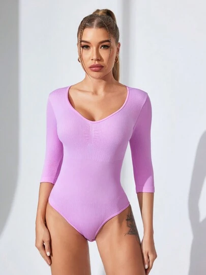 Easithlete Women's Solid Color V-Neck Sleeveless Casual Fitness Sports Bodysuit