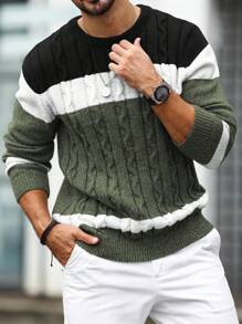 Manfinity Homme Men's Casual Everyday Contrast Color Cable Knit Pullover Sweater