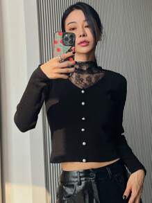 DAZY Autumn New Slim Fit Lace Patchwork Women Sweater - Black - View 9