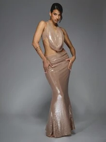 MISSGUIDED Y2K Futuristic Sequin Cowl Halter Neck Top And Ruched Waist Flare Hem Maxi Skirt Two Piece Co-Ord Set - Brown - View 6