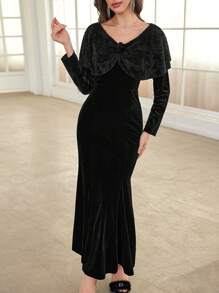 Modelyn Robe fourreau en tricot à encolure en V élégante avec pièce en velours sur les épaules pour femme. Longue robe de soirée pour femmes