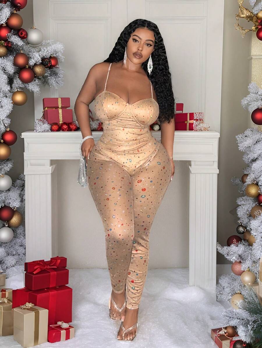 Slaydiva Sexy Christmas Printed Plus Size Women Jumpsuit With Spaghetti Straps And Sheer Details, For Party - Multicolor - View 1
