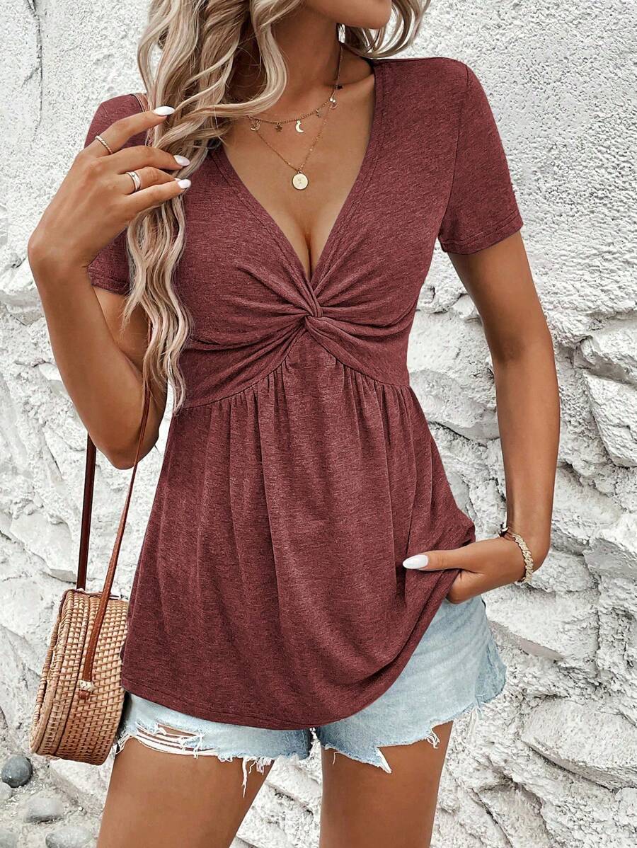 SHEIN Clasi Women Front Twist Ruched V-Neck Short Sleeve T-Shirt - Maroon - View 1