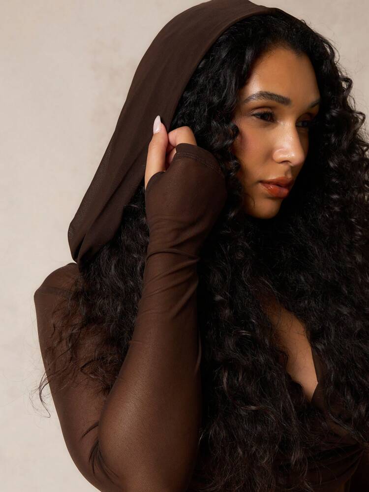 SUMWON WOMEN Draped Cowl Neck Hooded Top With Mesh Sleeves