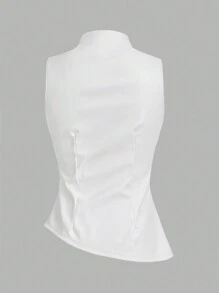 SHEIN Essnce 女士休闲时尚90年代街头春秋季纯色褶领PU背心无袖上衣外出上衣秋季女上衣 - 白色 - 查看 2