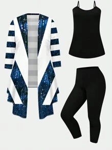 大码女式 3 件套，带闪亮条纹印花，时尚休闲秋/春 - 彩色 - 查看 3