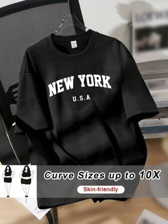 SHEIN CURVE+ Plus size-tröja för kvinnor med lös passform med rund hals och kort ärm, lämplig för sommaren