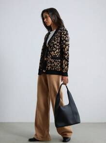 Aveloria Modichic 2pcs Vintage Commuter Leopard Jacquard Open-Front Cardigans, Oversized Color Block Solid Color Warm Sweaters For Women Oversized Cheetah Print Sweater 