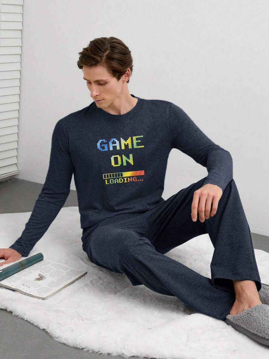 EURMUSE Men Game Letter Printed Regular Longsleeve & Pants Homewear Set - Navy Blue - View 1