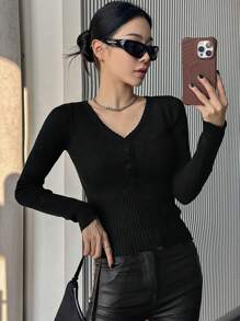 DAZY Kardigan z dzianiny w jednolitym kolorze, dekolt w serek, dopasowany dla kobiet