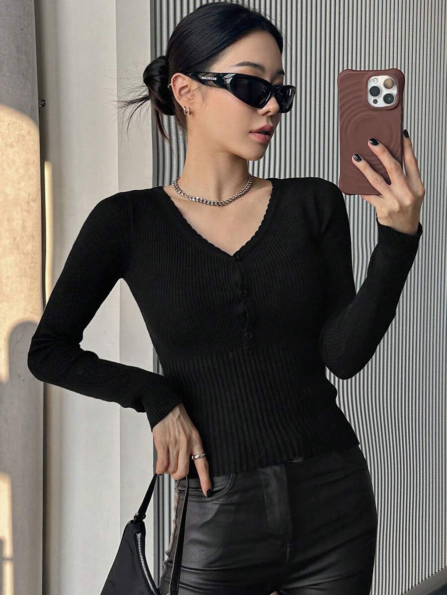 DAZY Kardigan z dzianiny w jednolitym kolorze, dekolt w serek, dopasowany dla kobiet