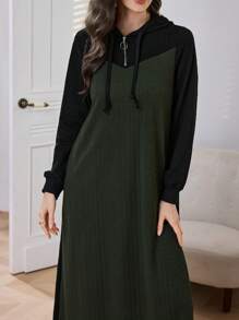 Mulvari Women Casual Contrast Color Half Zip Up Drawstring Hooded Sweatshirt Dress Pullover Fall Outfit - Black - View 3