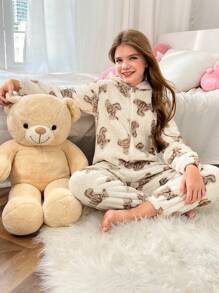 SHEIN Tween 女童休闲可爱卡通熊图案长袖连帽拉链前柔软保暖羊毛连体裤家居服，秋冬 - 白色 - 查看 5