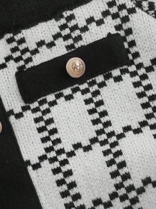 SHEIN MOD 大码女式露肩长袖毛衣，格子图案和金属纽扣装饰，优雅的学院风，适合秋冬季 - 黑與白 - 查看 3