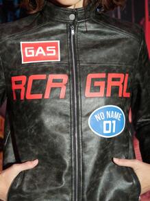 NO NAME Designer Women's Dark Printed PU Jacket, Streetwear Outerwear, For Holiday, Vacation, Spring, Festival, Ibiza Fits - Black - View 6