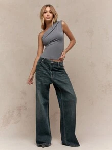 MISSGUIDED Asymmetric Jersey One Shoulder Ruched Top - Grey - View 5