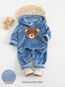 Cozy Pixies 2pcs/Set Baby Boy Cartoon Bear Ear Hoodie Sweatshirt And Jogger Pants Set - Blue - View 5